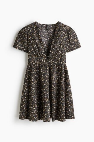 H & M - Jurk van katoenen popeline met V-hals - Zwart/Bloemen