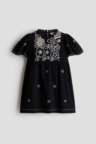H & M - Katoenen jurk met borduursel - Zwart/Bloemen