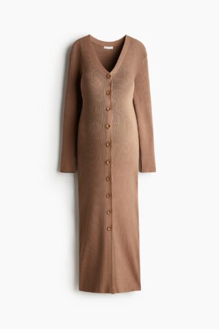 H & M - MAMA Ribgebreide doorknoopjurk - Donkerbeige