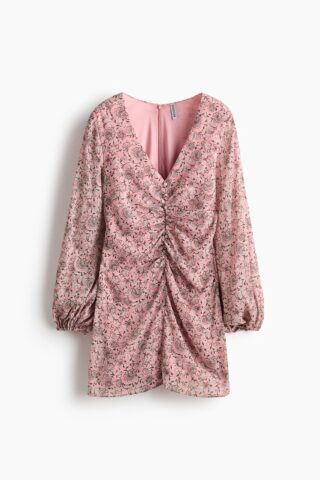 H & M - Crinklejurk met knopen - Roze/Bloemen