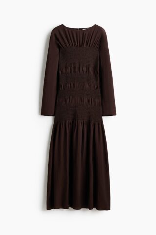 H & M - Jurk met smokwerk - Donkerbruin
