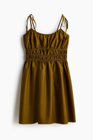 H & M - Katoenen jurk met strikbandjes - Donker Kakigroen