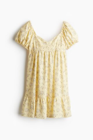 H & M - Jurk met pofmouwen - Lichtgeel/Bloemen