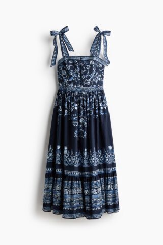 H & M - Katoenen jurk met strikbandjes - Marineblauw/Bloemen
