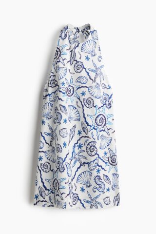 H & M - Halterjurk van linnenmix - Wit/Blauw Dessin