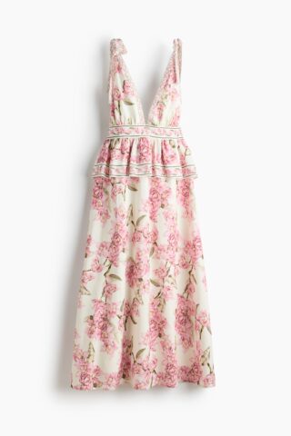 H & M - Peplumjurk van linnenmix - Roomwit/Bloemen