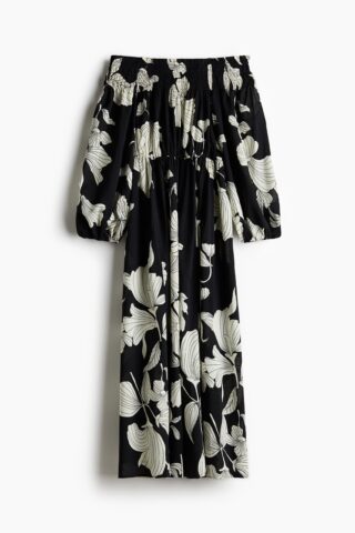 H & M - Off-the-shoulderjurk met smokwerk - Zwart/Witte Bloemen