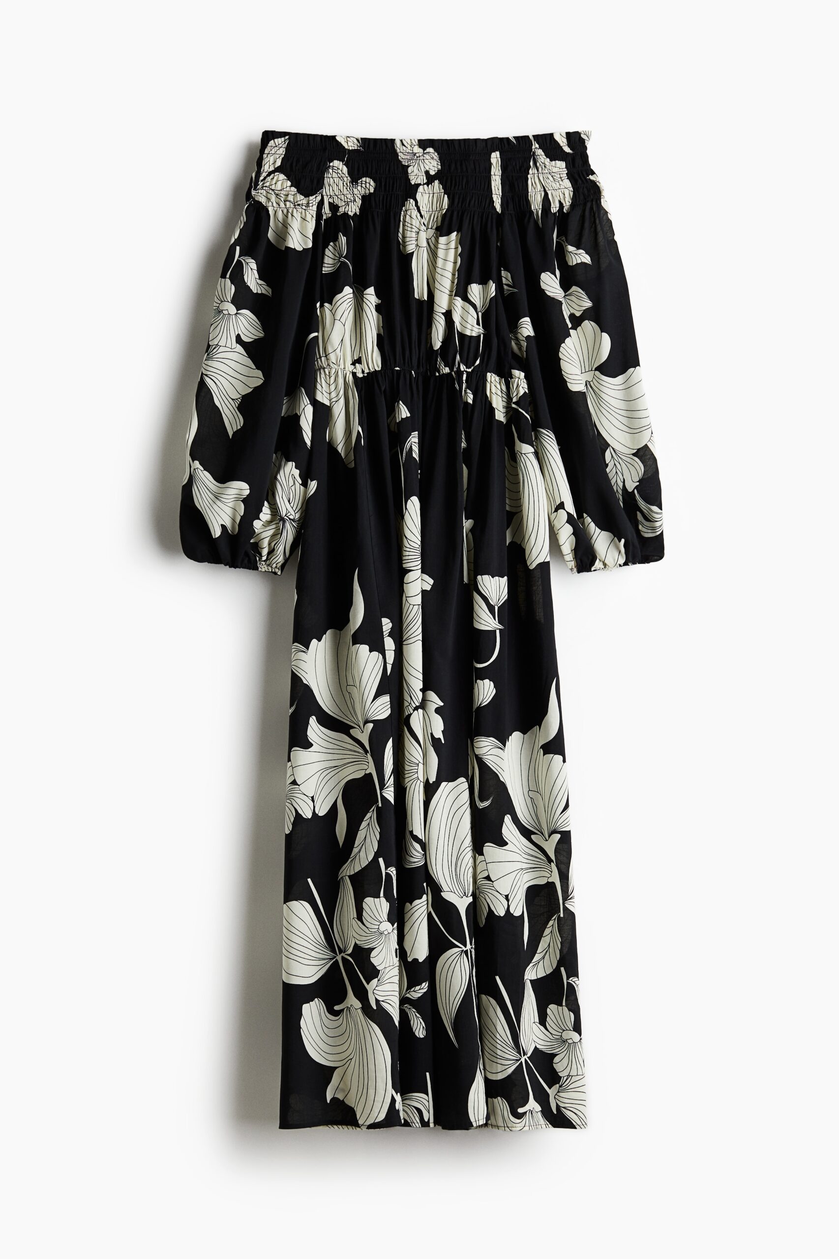H & M - Off-the-shoulderjurk met smokwerk - Zwart/Witte Bloemen