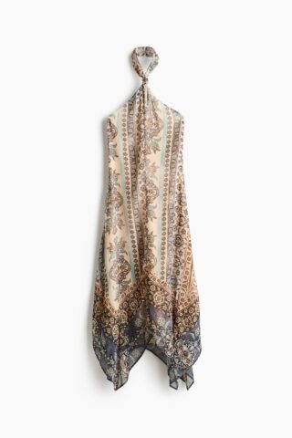 H & M - Halterjurk van chiffon - Lichtbeige/Dessin