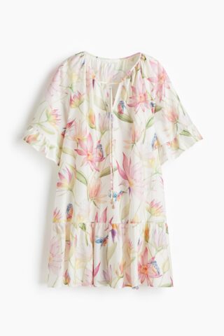 H & M - Tuniekjurk met strikbandjes - Roomwit/Bloemen