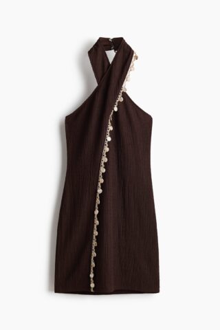 H & M - Halterjurk met decoraties - Donkerbruin