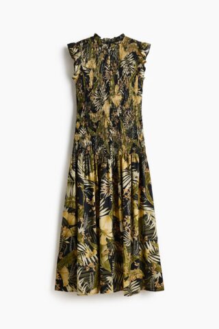 H & M - Midi-jurk met smokwerk - Zwart/Bloemen