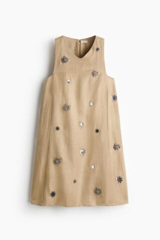 H & M - A-linejurk met decoraties - Beige/Zonnebloemen