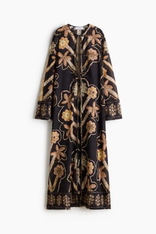 H & M - Kaftanjurk met bloemenprint en strikbandjes - Zwart/Bloemen