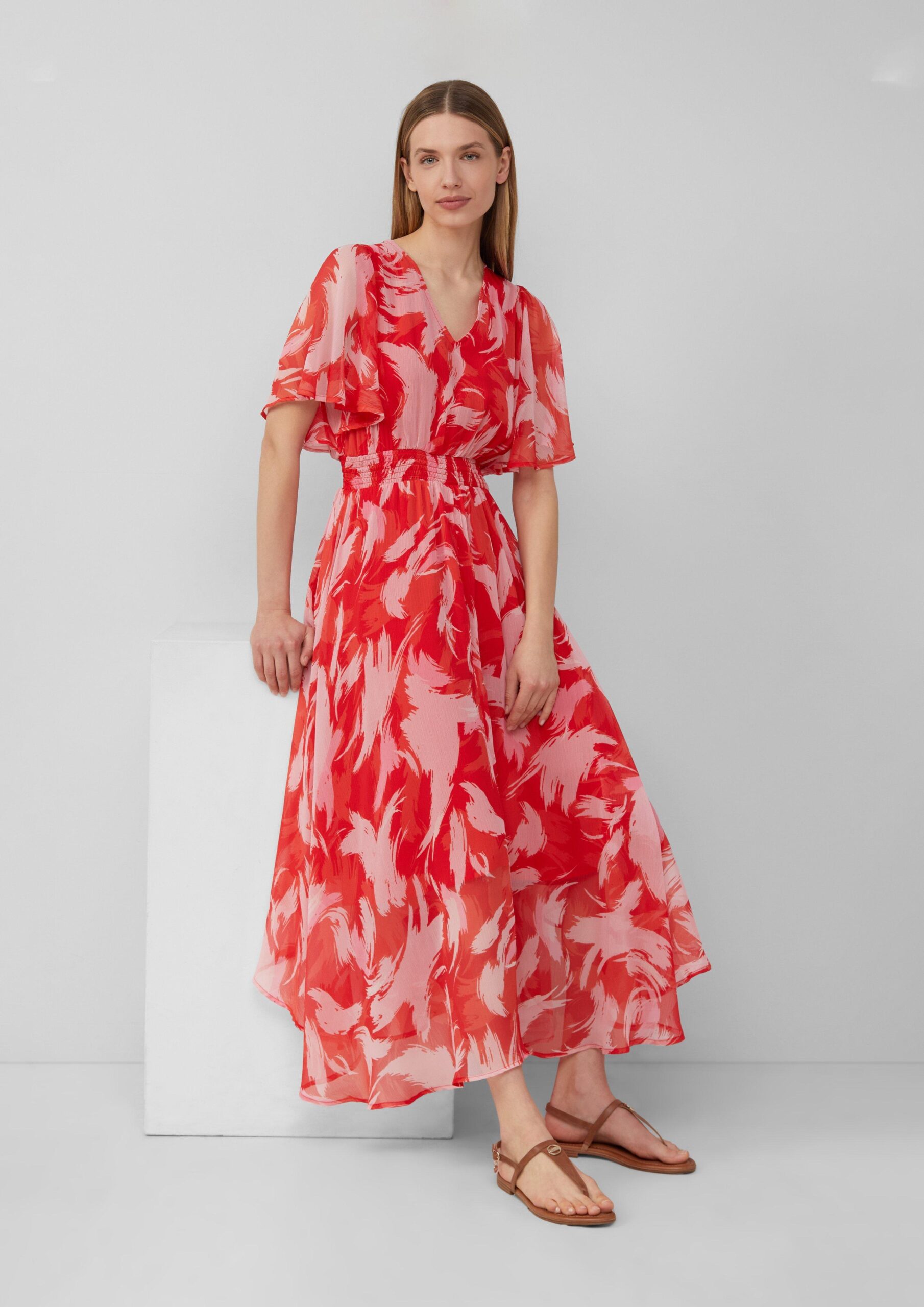 Maxi-jurk van chiffon met gesmokte taille
