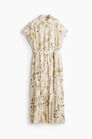 H & M - Overhemdjurk met strikceintuur - Lichtbeige/Bloemen