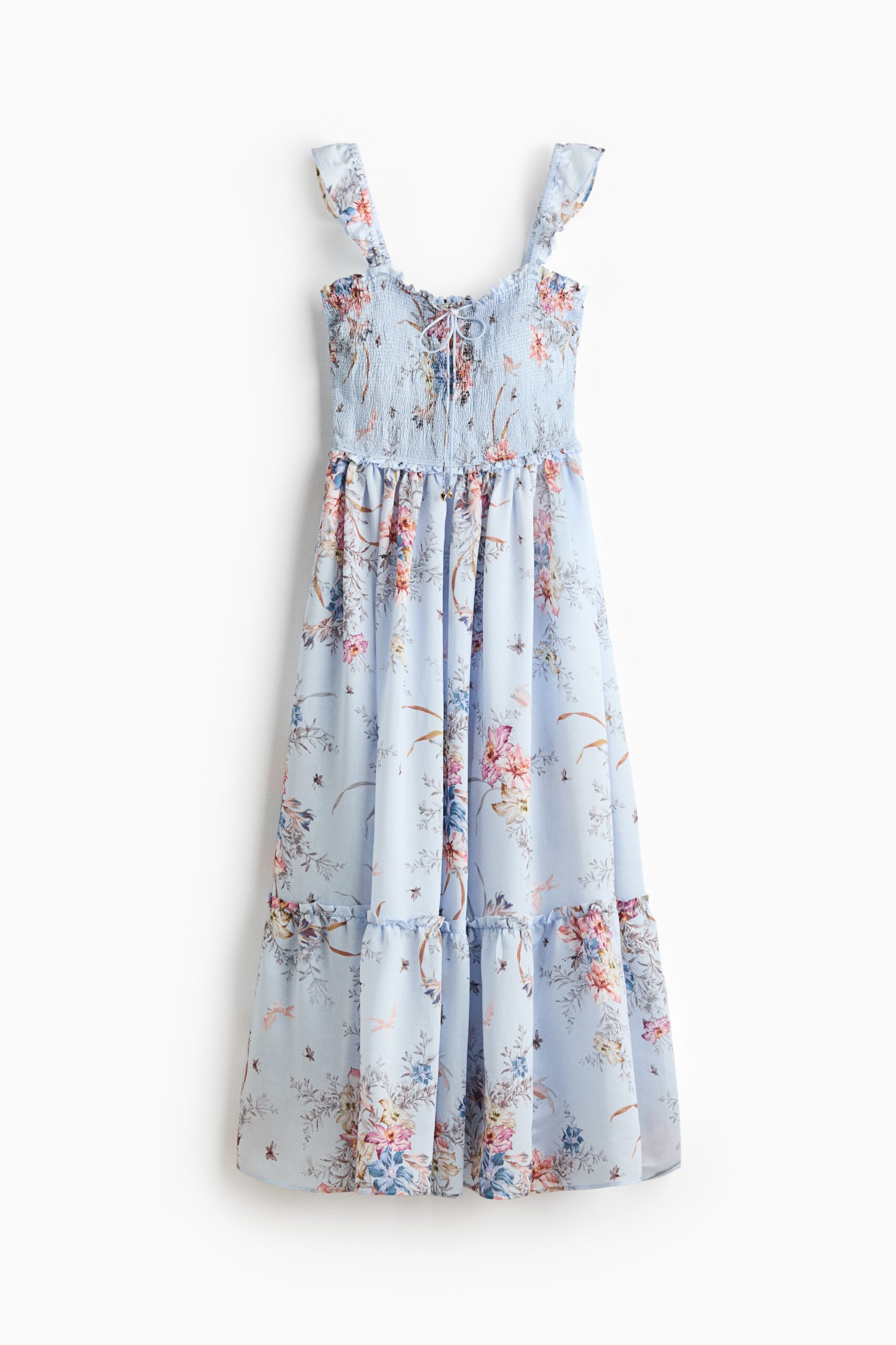 H & M - Jurk met smokwerk en volants - Lichtblauw/Bloemen
