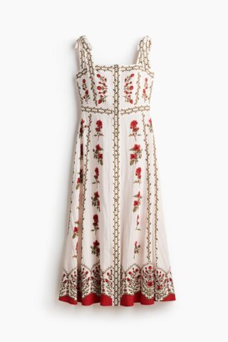 H & M - Jurk van viscosemix met strikschouderbandjes - Roomwit/Bloemen