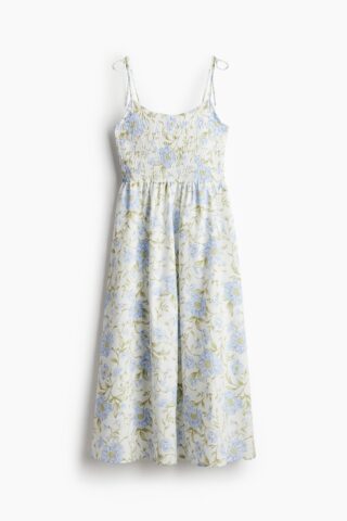 H & M - Gesmokte jurk met strikbandjes - Wit/Bloemen