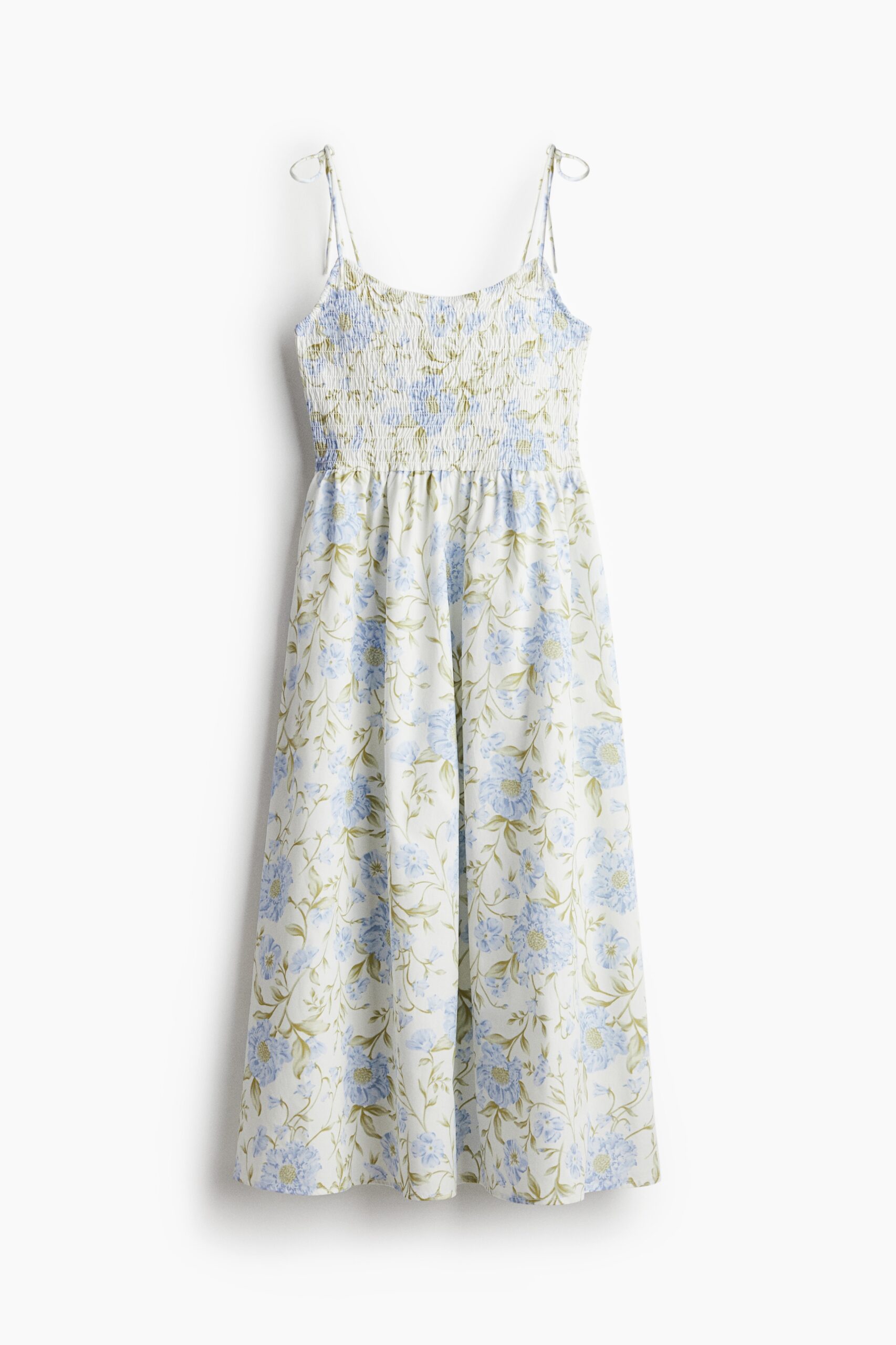 H & M - Gesmokte jurk met strikbandjes - Wit/Bloemen H & M - Gesmokte jurk met strikbandjes - Wit/Bloemen