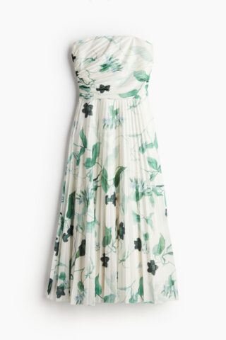 H & M - Geplisseerde bandeaujurk - Roomwit/Bloemen