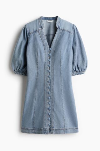 H & M - Denim jurk met pofmouwen - Licht Denimblauw