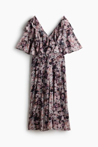 H & M - Plisséjurk met volants - Zwart/Bloemen