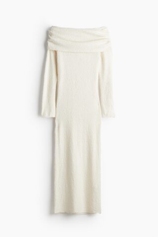 H & M - Gebreide bouclé off-the-shoulderjurk - Roomwit