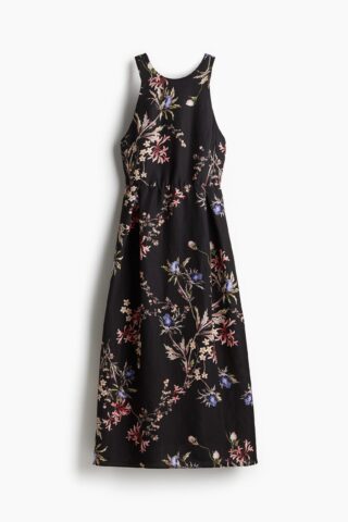 H & M - Jurk van linnenmix met strikbandjes - Zwart/Bloemen
