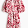 H & M - Katoenen jurk met strikceintuur - Wit/Roze Bloemen