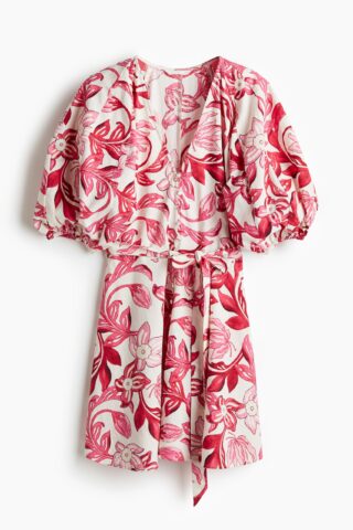 H & M - Katoenen jurk met strikceintuur - Wit/Roze Bloemen