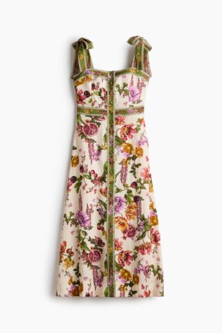 H & M - Jurk van viscosemix met strikschouderbandjes - Lichtbeige/Bloemen