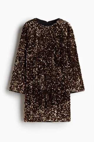 H & M - A-linejurk met pailletten - Bruin/Goudkleurig