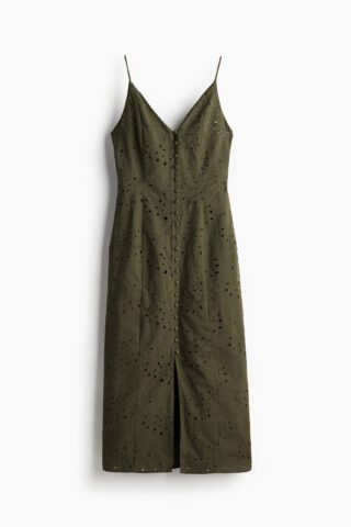 H & M - Doorknoopjurk met broderie anglaise - Donker Kakigroen