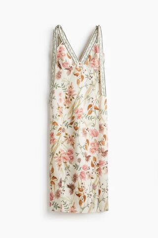 H & M - Jurk van linnenmix met strikbandjes - Roomwit/Bloemen