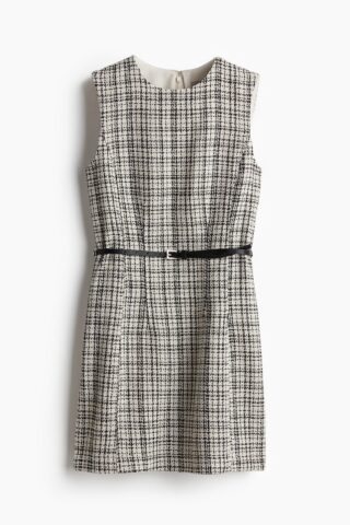 H & M - Bouclé jurk met ceintuur - Lichtbeige/Geruit