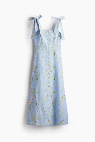 H & M - Katoenen jurk met strikbandjes - Lichtblauw/Bloemen