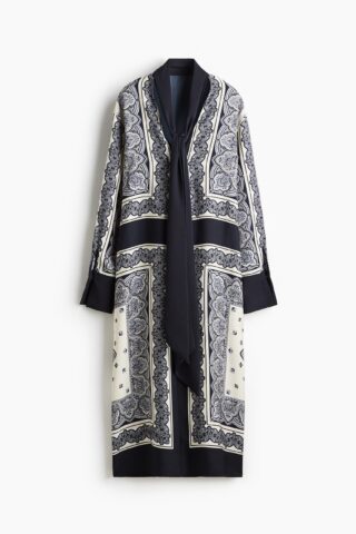 H & M - Satijnen jurk met sjaalkraag - Marineblauw/Dessin