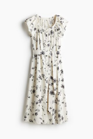 H & M - Popeline jurk met pofmouwen - Wit/Zwarte Bloemen
