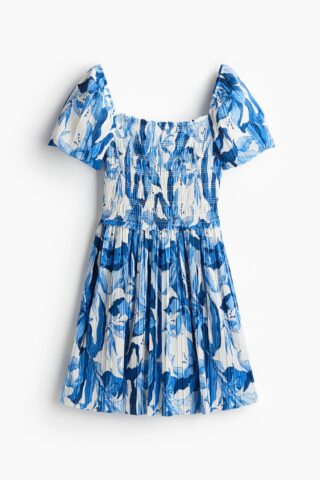 H & M - Crinklejurk met smokwerk - Wit/Blauwe Bloemen