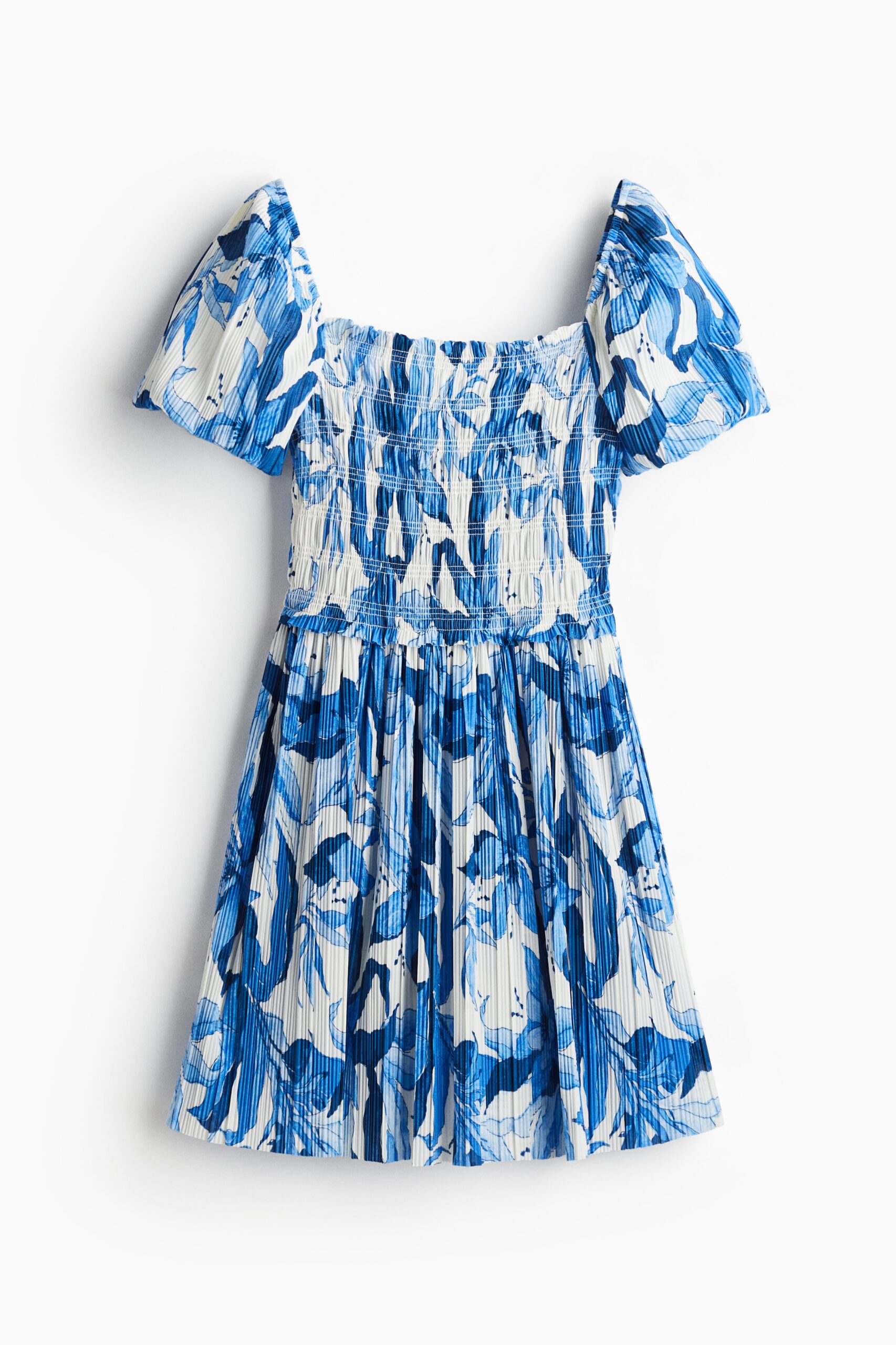 H & M - Crinklejurk met smokwerk - Wit/Blauwe Bloemen