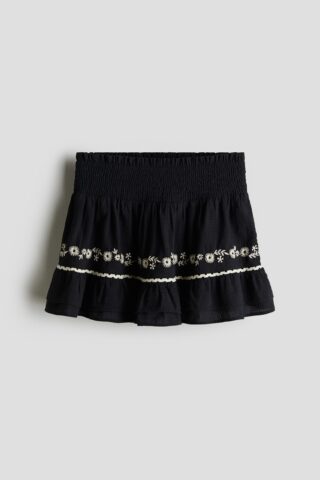 H & M - Katoenen rok met borduursel - Zwart/Bloemen