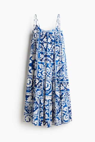H & M - Maxi-jurk met strikbandjes - Helderblauw/Dessin