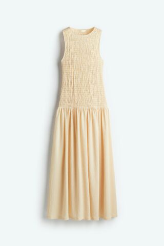 H & M - Gesmokte tricot jurk - Lichtbeige