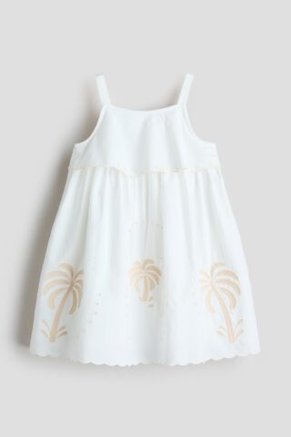 H & M - Strappy jurk met borduursel - Wit/Palmbomen