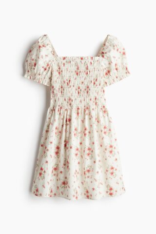 H & M - Gesmokte jurk van popeline - Wit/Rode Bloemen