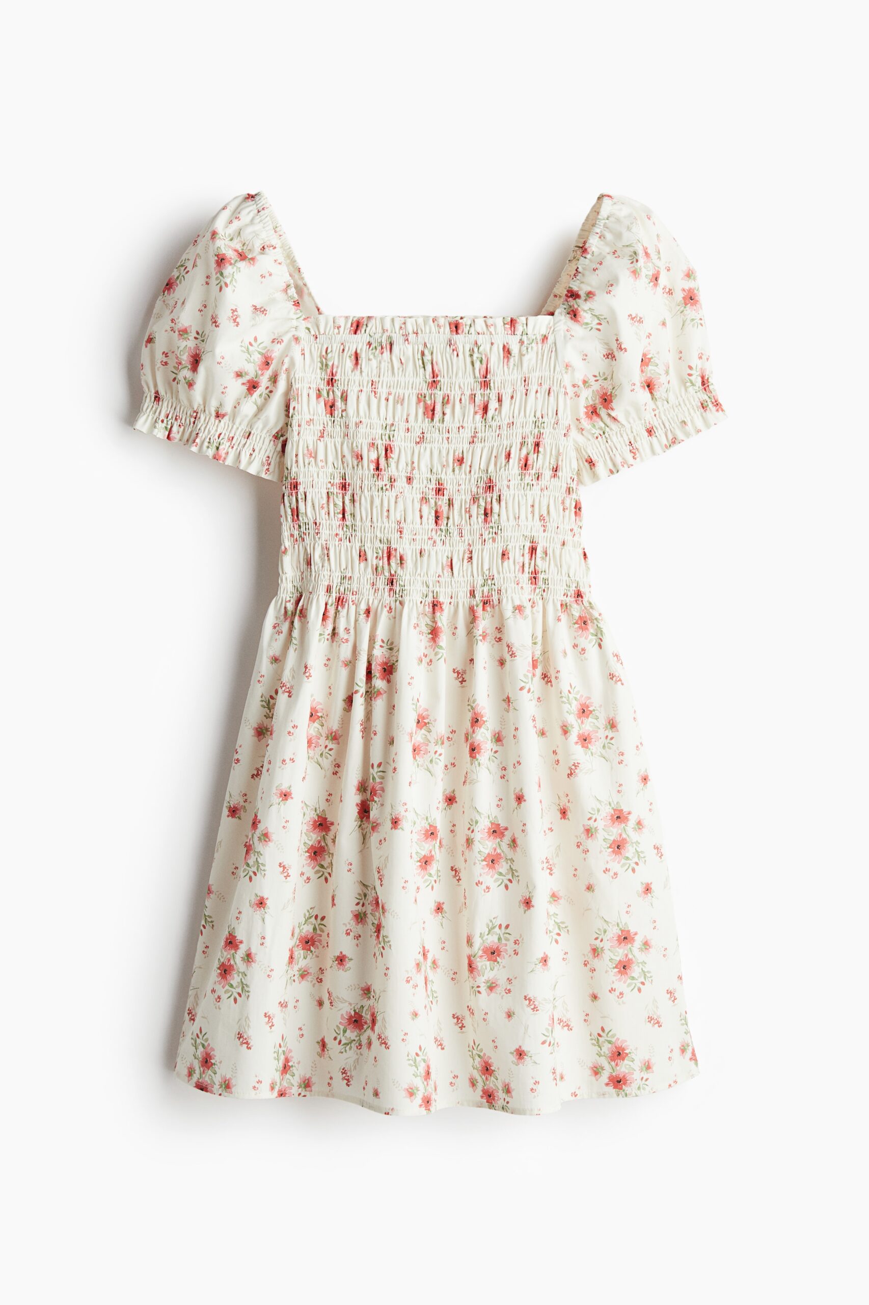 H & M - Gesmokte jurk van popeline - Wit/Rode Bloemen H & M - Gesmokte jurk van popeline - Wit/Rode Bloemen