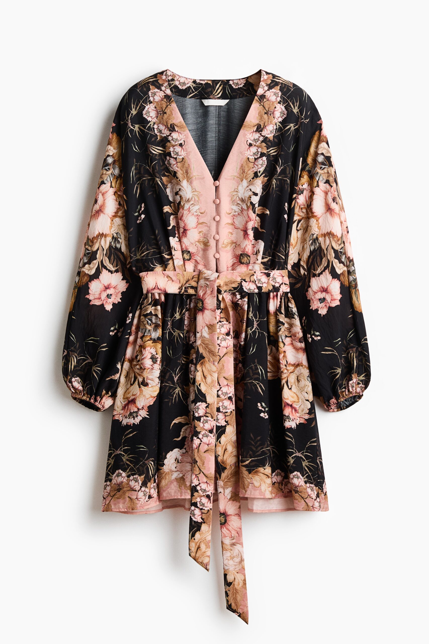 H & M - Tuniekjurk met strikceintuur - Zwart/Bloemen
