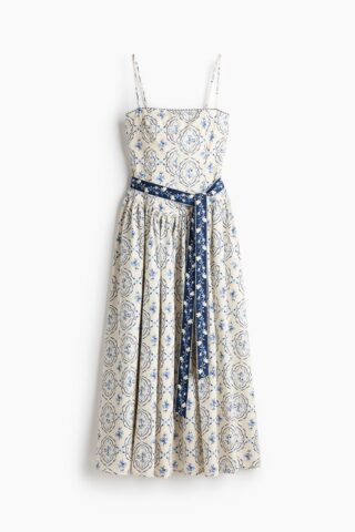 H & M - Strappy jurk met strikceintuur - Wit/Dessin