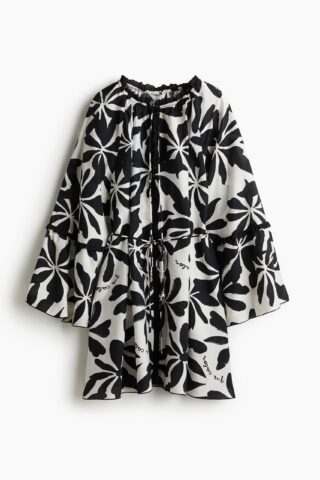 H & M - Tuniekjurk met trompetmouwen - Wit/Zwart Bloemen